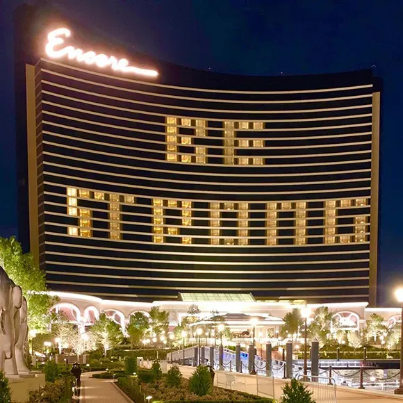 Encore Boston Harbor lit up heart covid-19